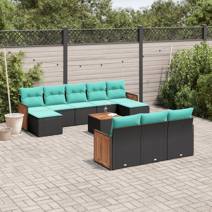 11-delige tuinbankset met kussens, zwart polyrotan