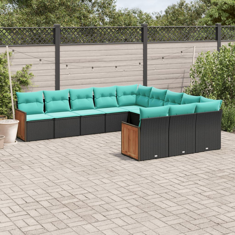 11-delige tuinbankset met kussens, zwart polyrotan