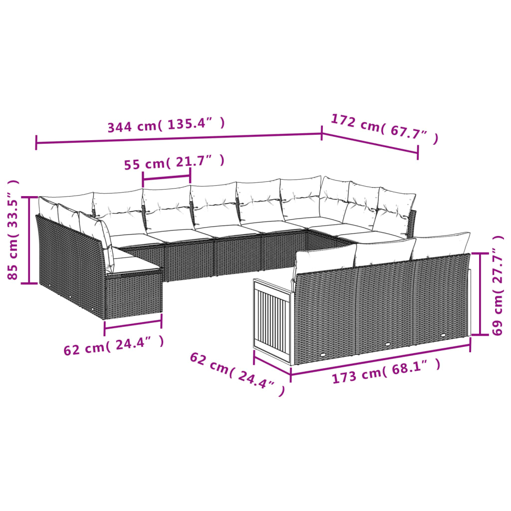 13-delige tuinbankset met kussens, grijs polyrotan
