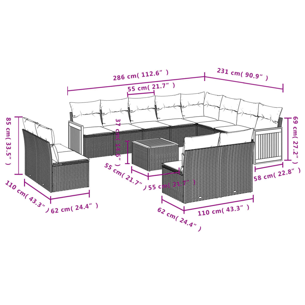 13-Delige Loungeset Met Kussens Poly Rattan Beige