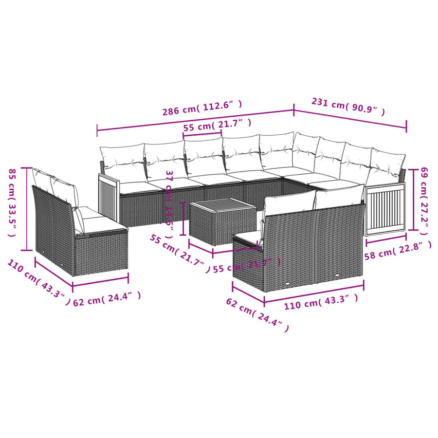 13-Delige Loungeset Met Kussens Poly Rattan Beige