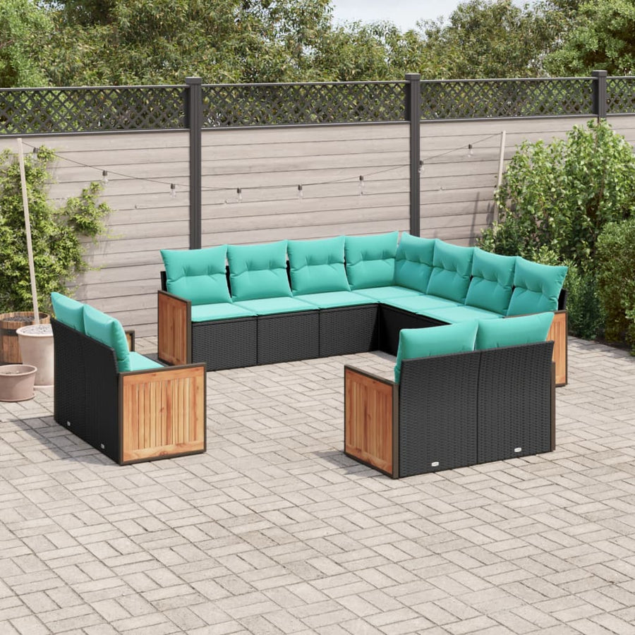 11-delige tuinbankset met kussens, zwart polyrotan