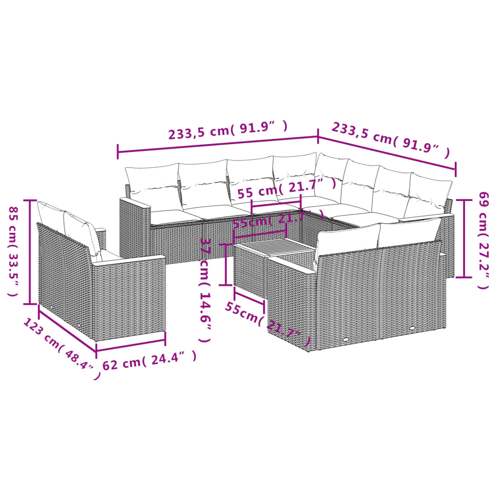 12-delige tuinbankset met kussens, grijs polyrotan