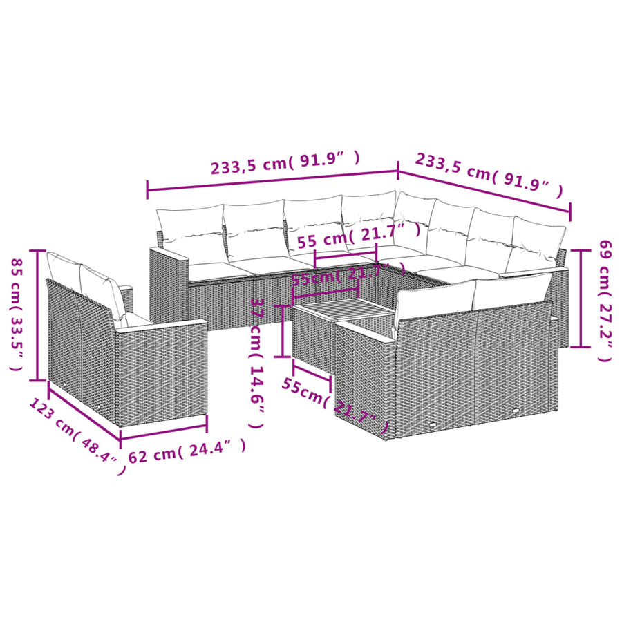 12-delige tuinbankset met kussens, grijs polyrotan