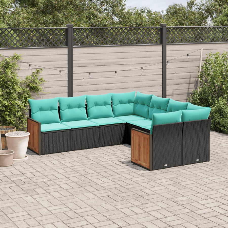 8-delige tuinbankset met kussens, zwart polyrotan