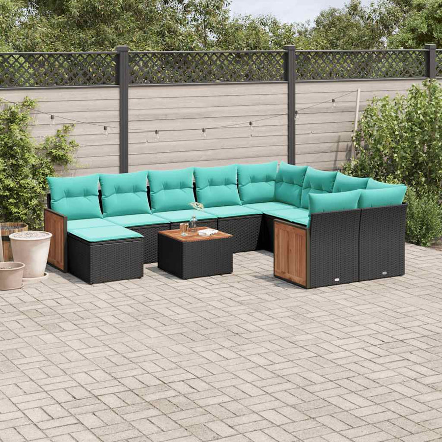 11-delige tuinbankset met kussens, zwart polyrotan