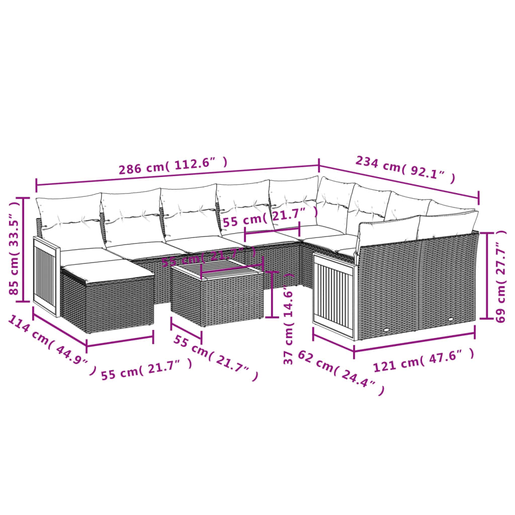 11-Delige Loungeset Met Kussens Poly Rattan Grijs