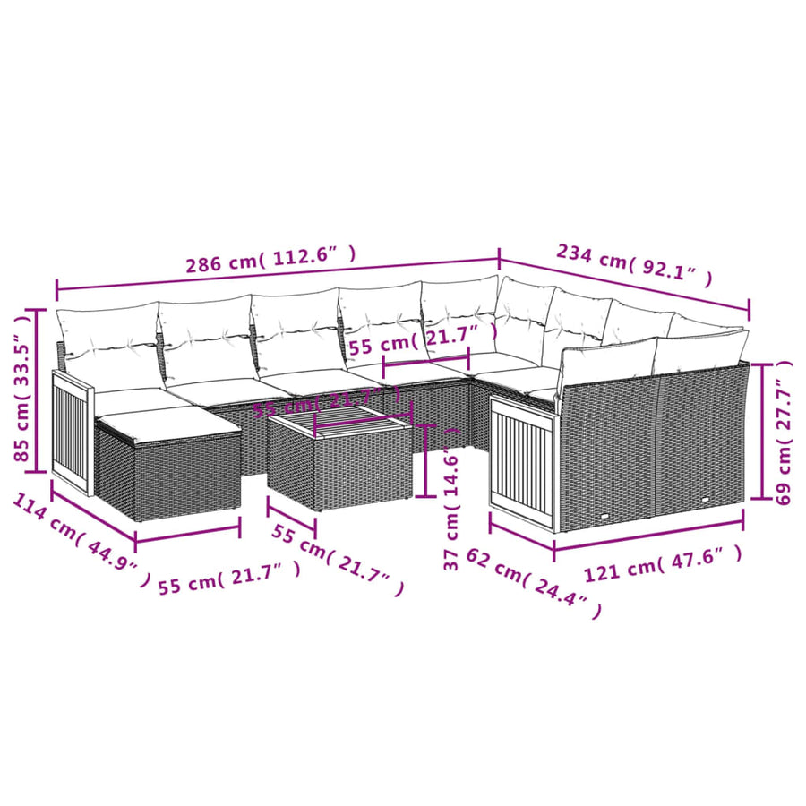 11-Delige Loungeset Met Kussens Poly Rattan Grijs