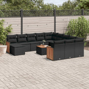 Loungeset poly rattan 13-delig zwart met kussens