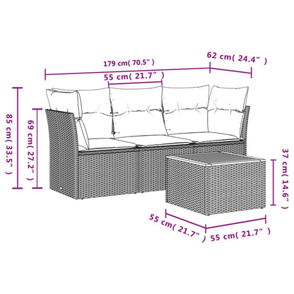 4-Delige Loungeset Met Kussens Poly Rattan Zwart en crème