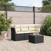 Loungeset 4-delig poly rattan zwart met kussens