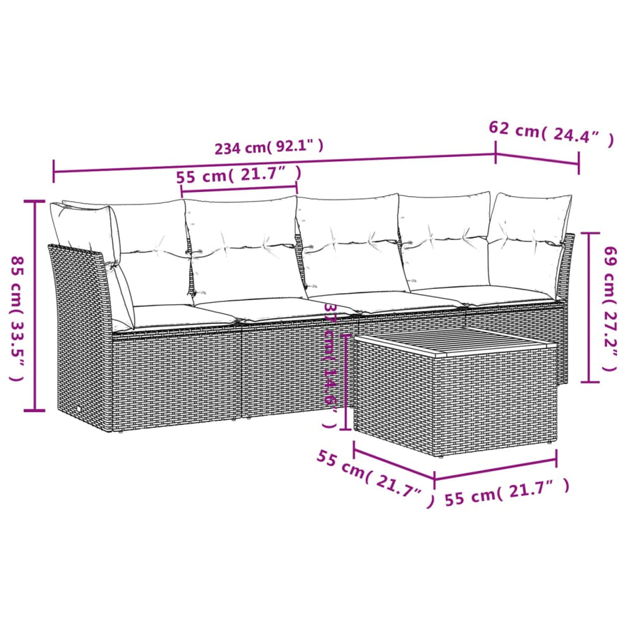 5-Delige Loungeset Met Kussens Poly Rattan Zwart en crème