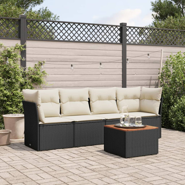 5-Delige Loungeset Met Kussens Poly Rattan Zwart en crème