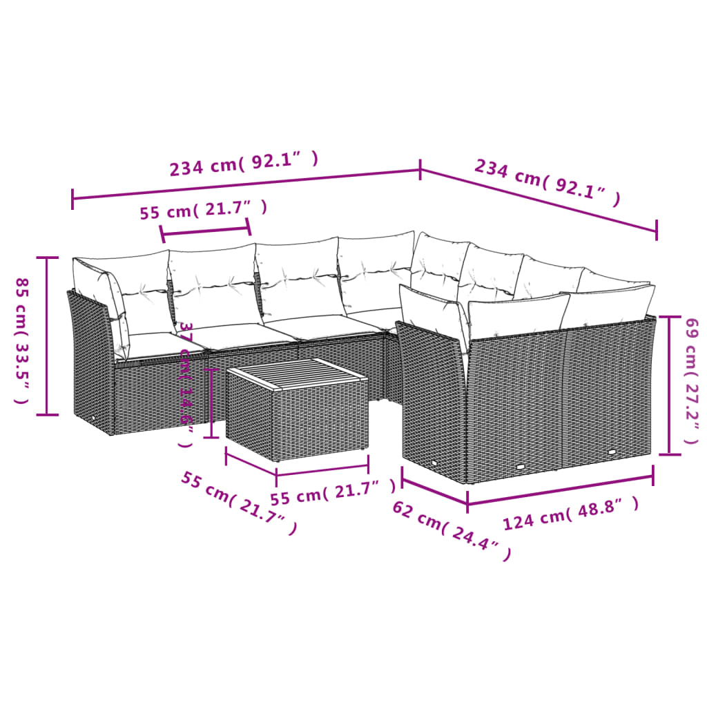 9-Delige Loungeset Met Kussens Poly Rattan Beige