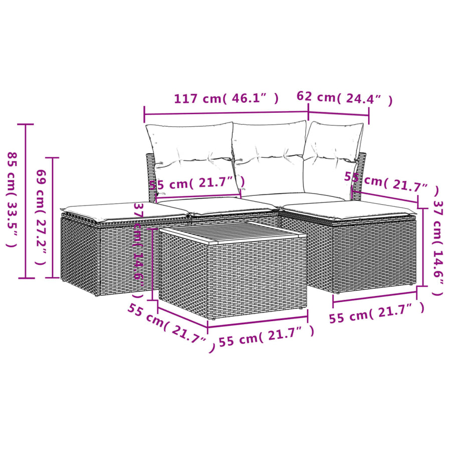 5-Delige Loungeset Met Kussens Poly Rattan Zwart