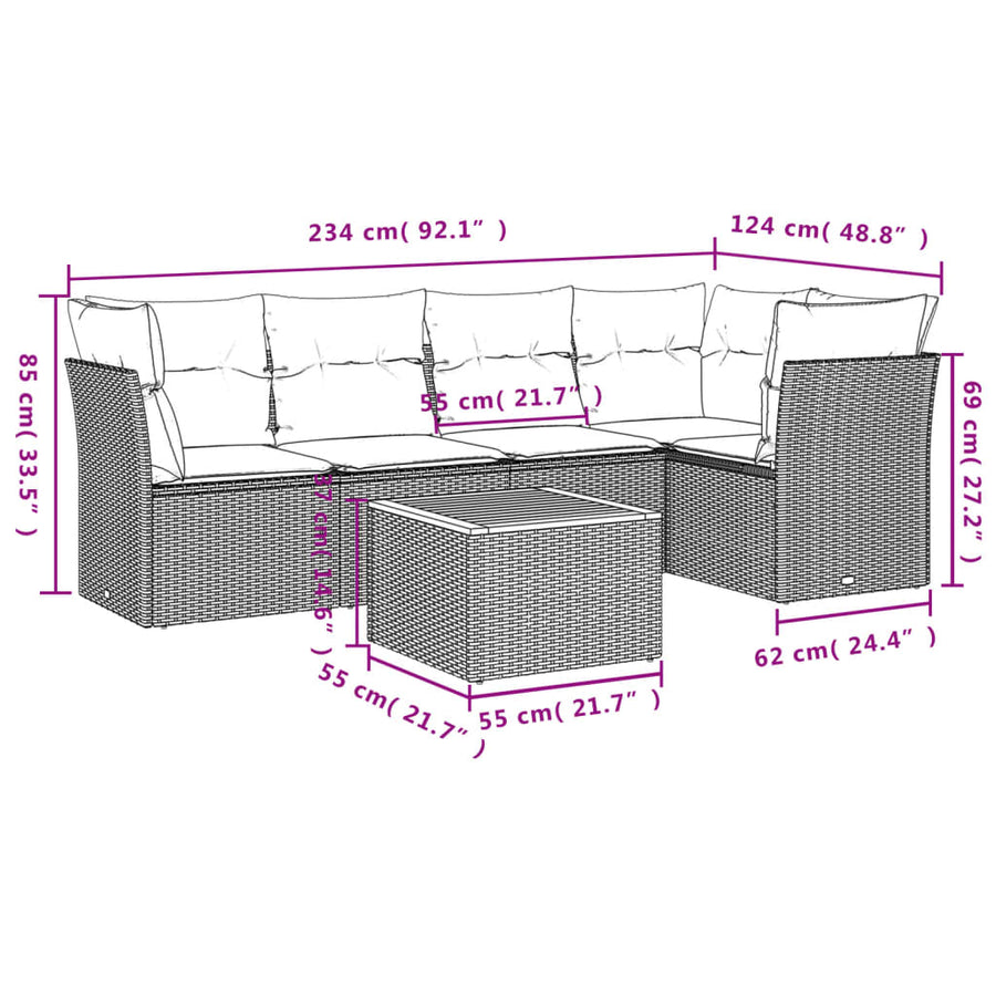 6-Delige Loungeset Met Kussens Poly Rattan Beige