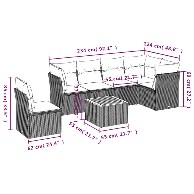 7-Delige Loungeset Met Kussens Poly Rattan Grijs