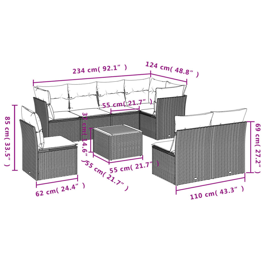 9-Delige Loungeset Met Kussens Poly Rattan Beige