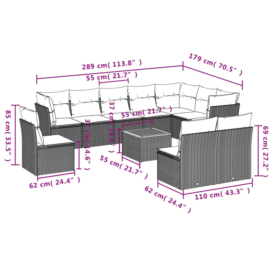 -Delige Loungeset Met Kussens Poly Rattan Zwart en crème