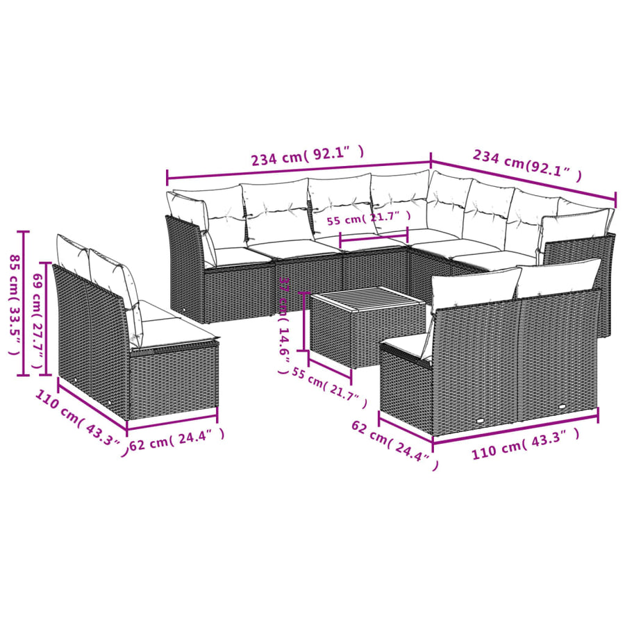 12-Delige Loungeset Met Kussens Poly Rattan Beige