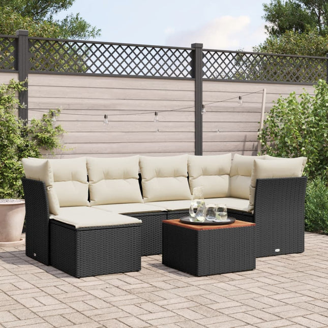 7-Delige Loungeset Met Kussens Poly Rattan Zwart en crème