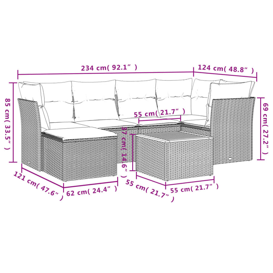 7-delige Loungeset met kussens poly rattan beige