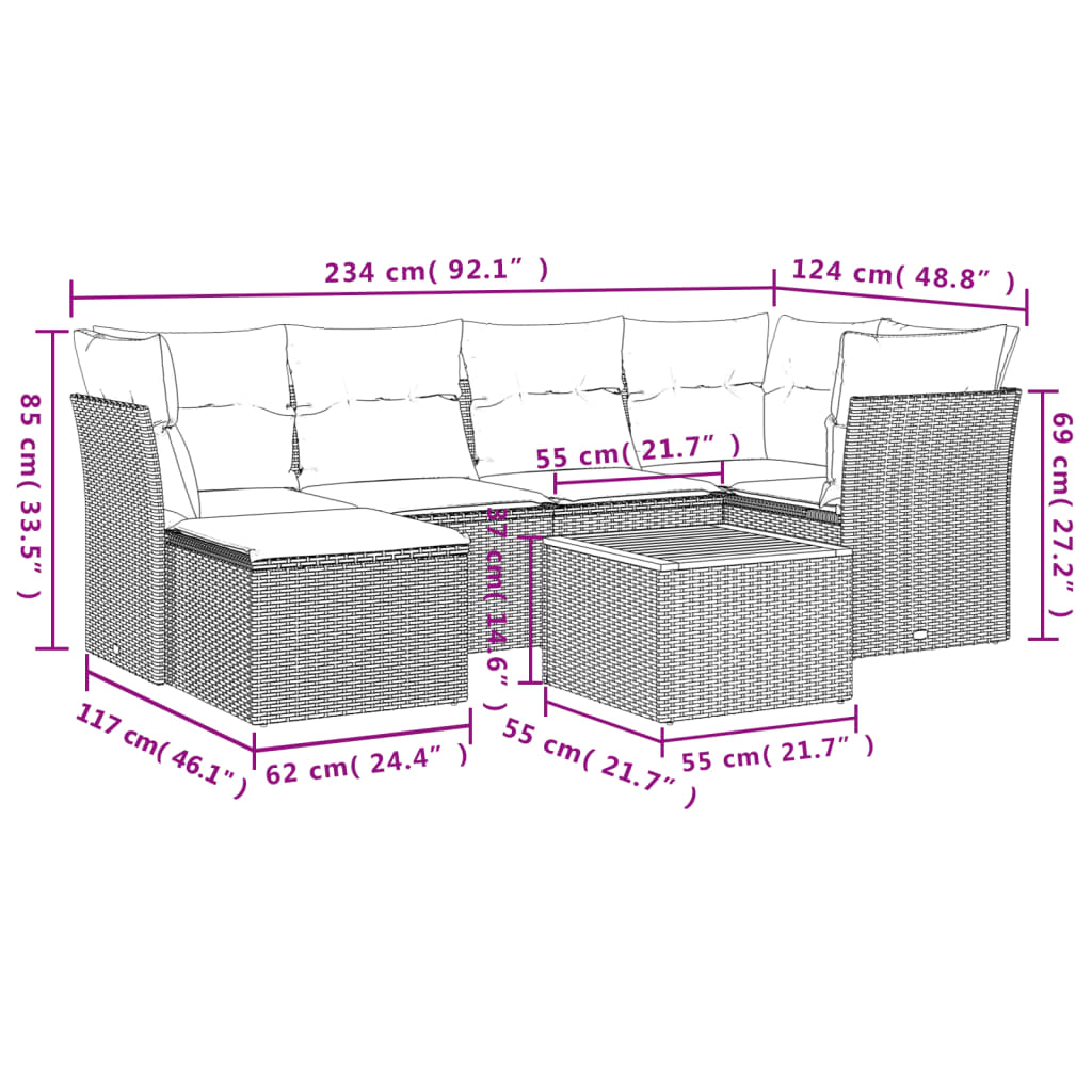 7-Delige Loungeset Met Kussens Poly Rattan Beige en grijs