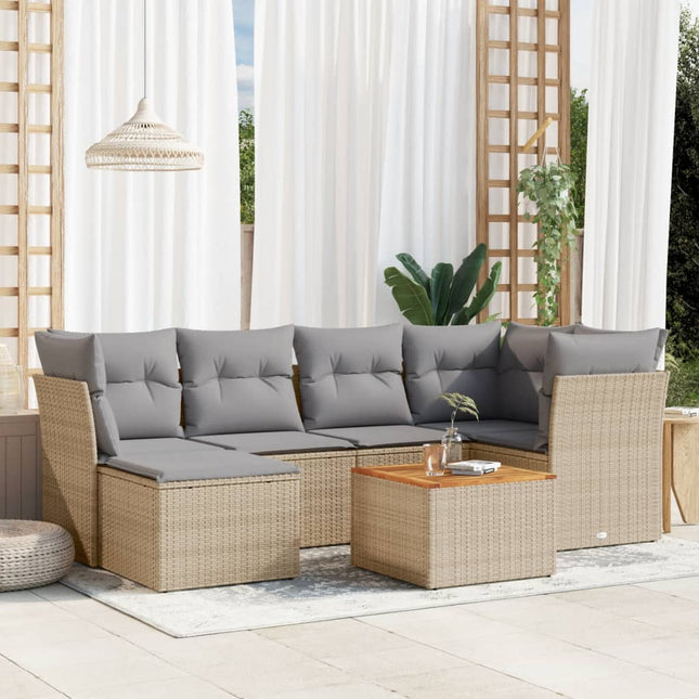 7-Delige Loungeset Met Kussens Poly Rattan Beige en grijs