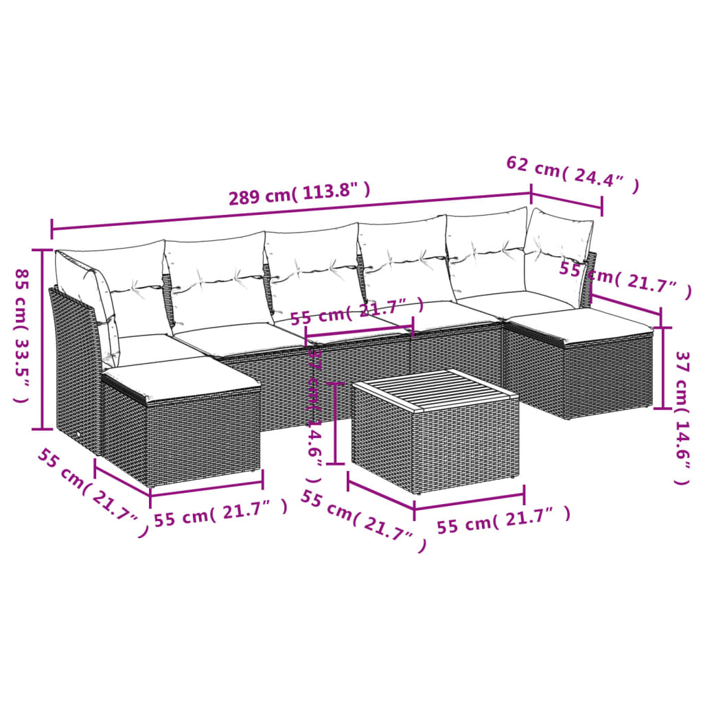8-Delige Loungeset Met Kussens Poly Rattan Zwart en crème