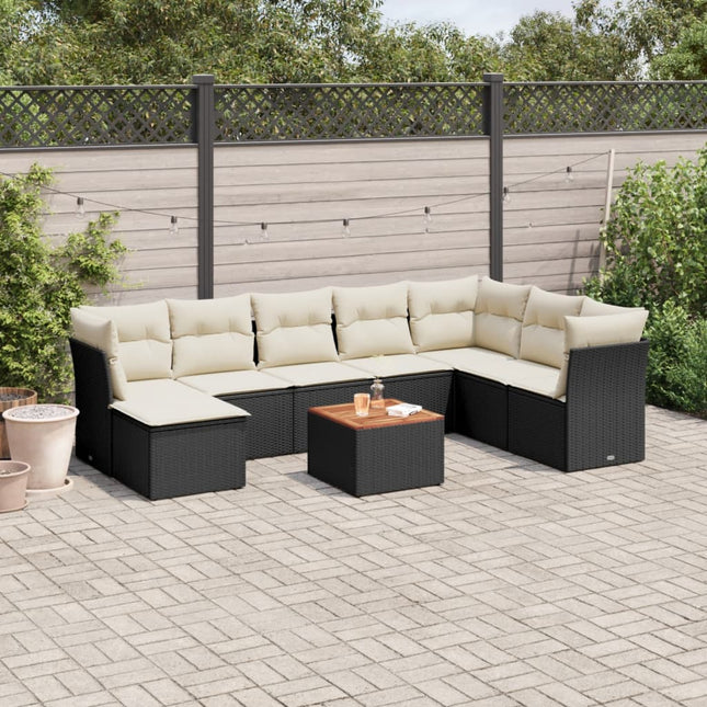 9-Delige Loungeset Met Kussens Poly Rattan Zwart en crème