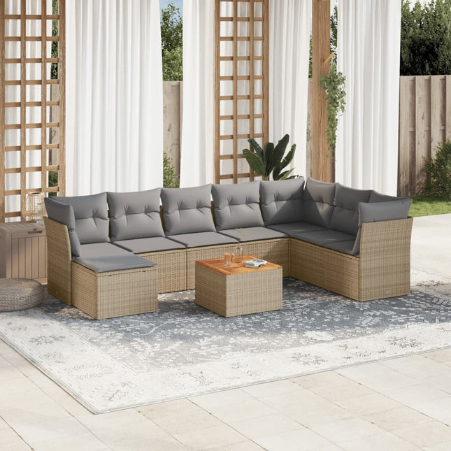 9-Delige Loungeset Met Kussens Poly Rattan Beige en grijs