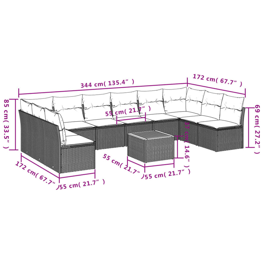 11-Delige Tuinset Met Kussens Poly Rattan Beige