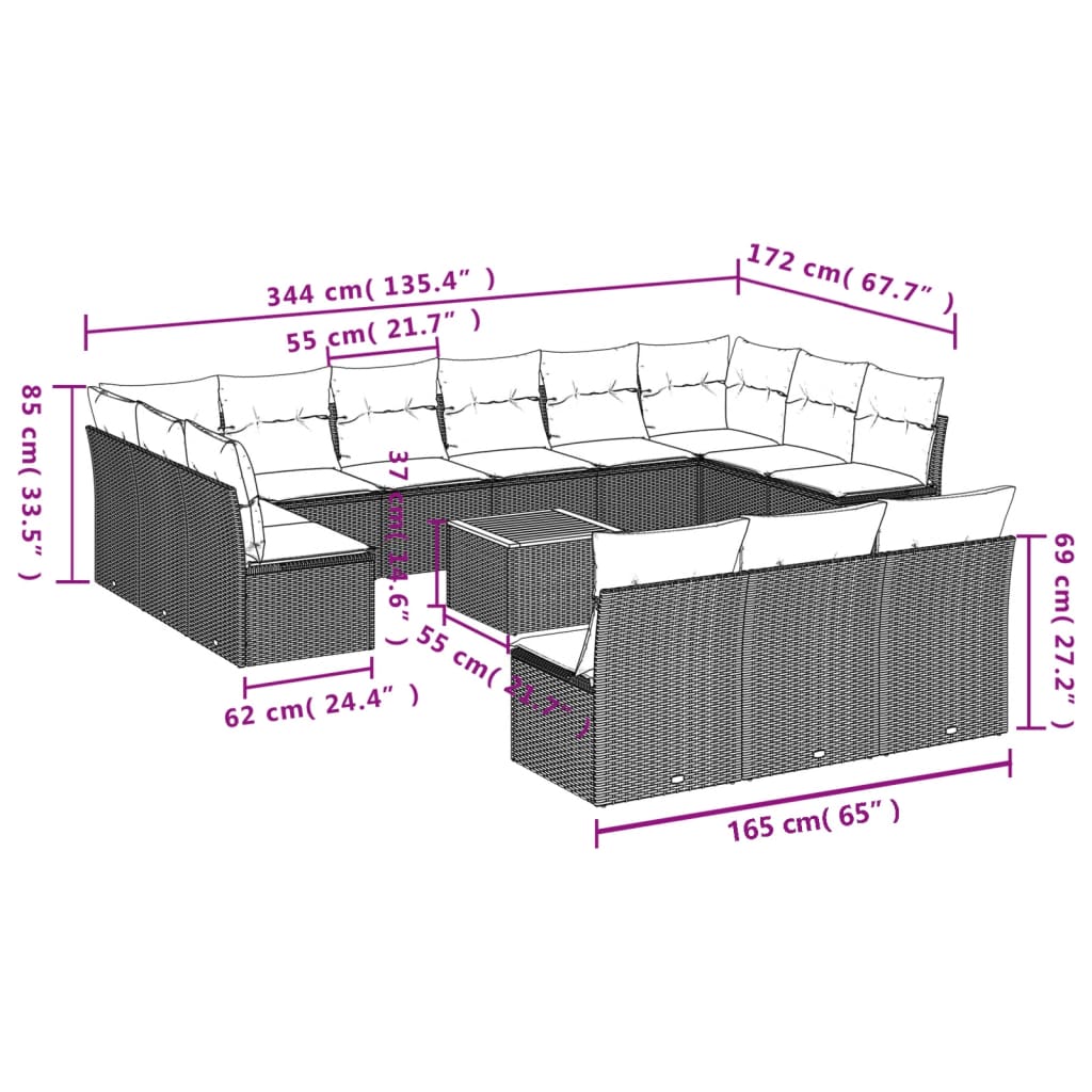 14-Delige Loungeset Met Kussens Poly Rattan Beige