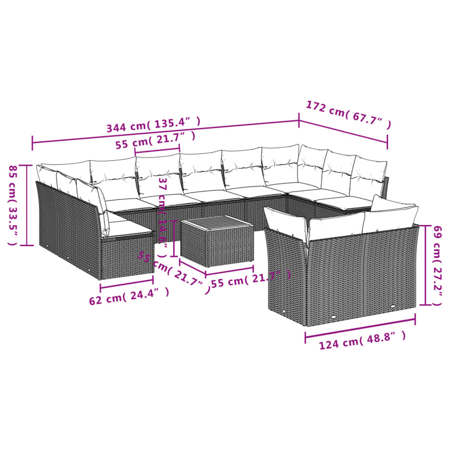 3-Delige Loungeset Met Kussens Poly Rattan Beige beige and cream