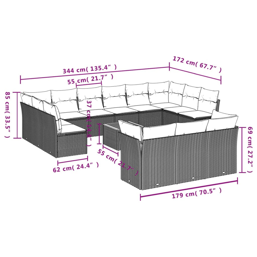 14-Delige Loungeset Met Kussens Poly Rattan Beige
