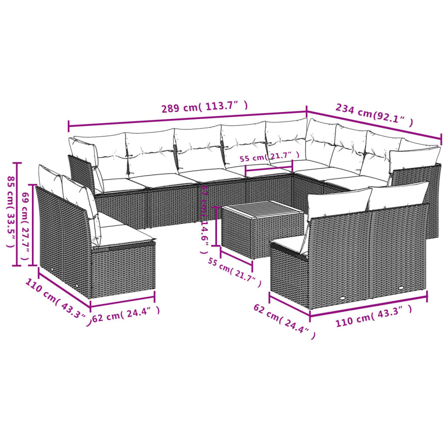 13-Delige Loungeset Met Kussens Poly Rattan Beige