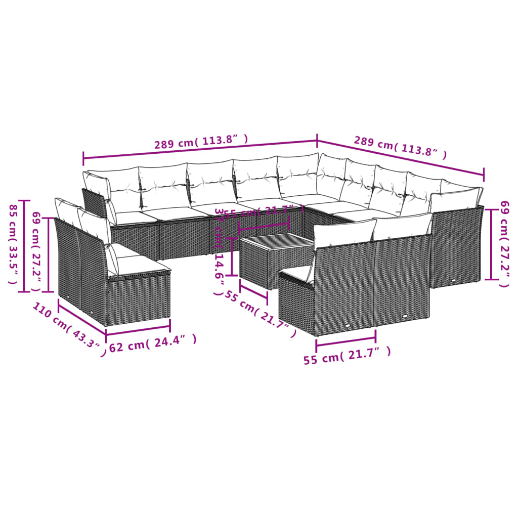 14-Delige Loungeset Met Kussens Poly Rattan Beige