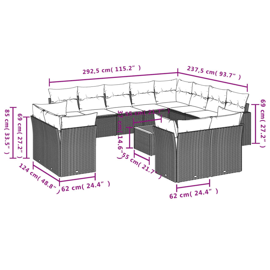 13-Delige Loungeset Met Kussens Poly Rattan Beige