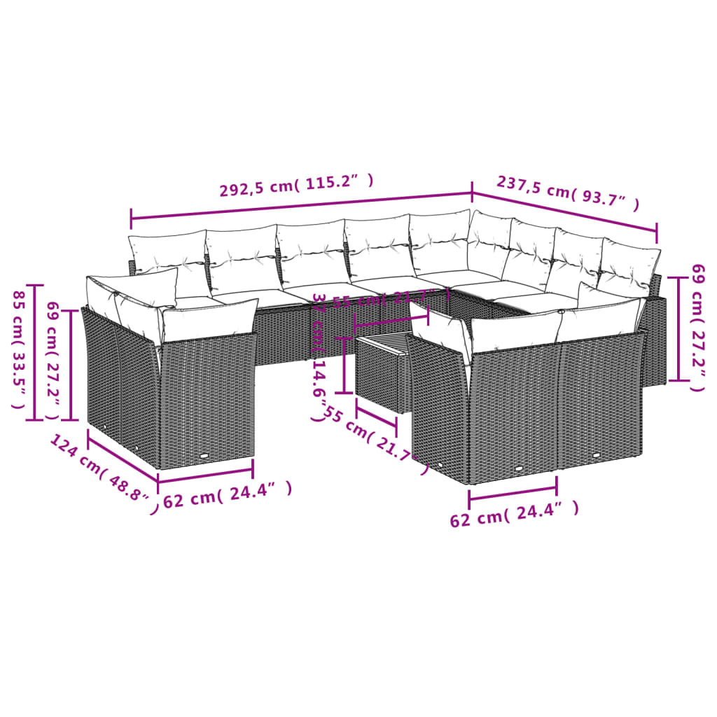 13-Delige Loungeset Met Kussens Poly Rattan Beige