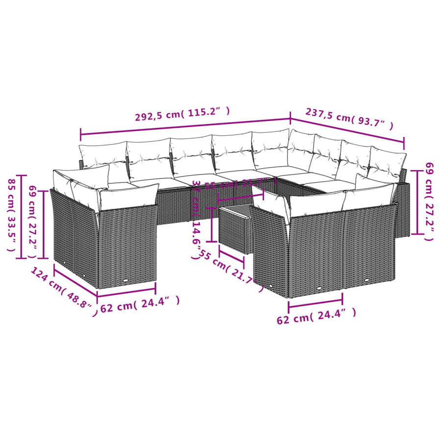 13-Delige Loungeset Met Kussens Poly Rattan Beige