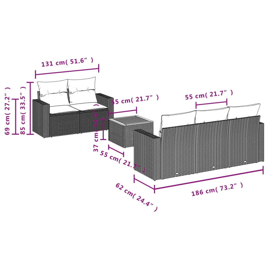 6-Delige Loungeset Met Kussens Poly Rattan Grijs