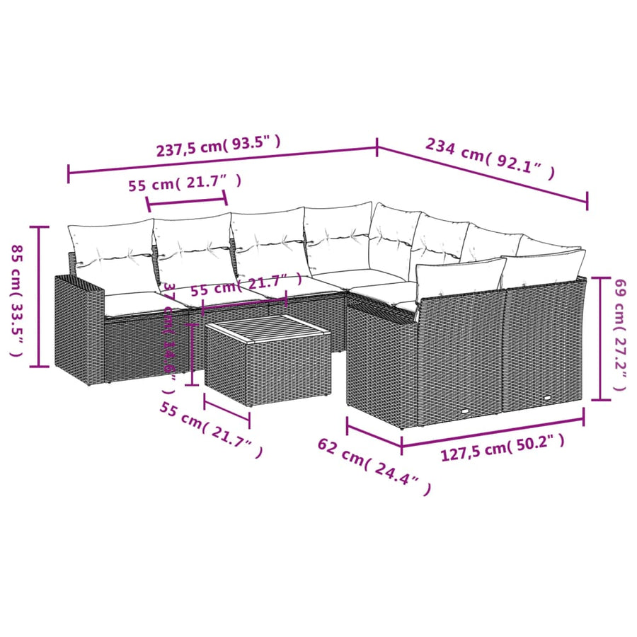 9-Delige Loungeset Met Kussens Poly Rattan Zwart en crème