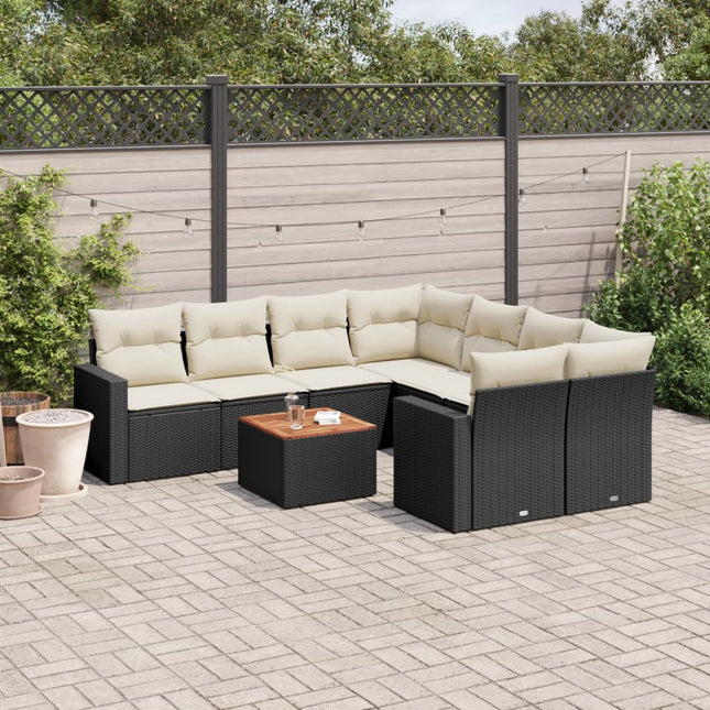 9-Delige Loungeset Met Kussens Poly Rattan Zwart en crème