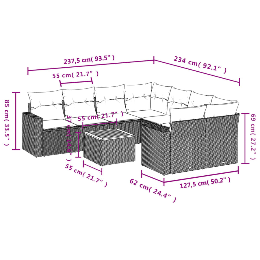 9-Delige Loungeset Met Kussens Poly Rattan Beige beige and cream