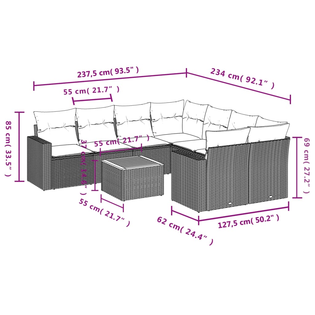 9-Delige Loungeset Met Kussens Poly Rattan Beige en grijs