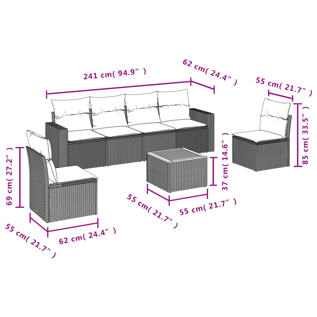 7-Delige Loungeset Met Kussens Poly Rattan Zwart