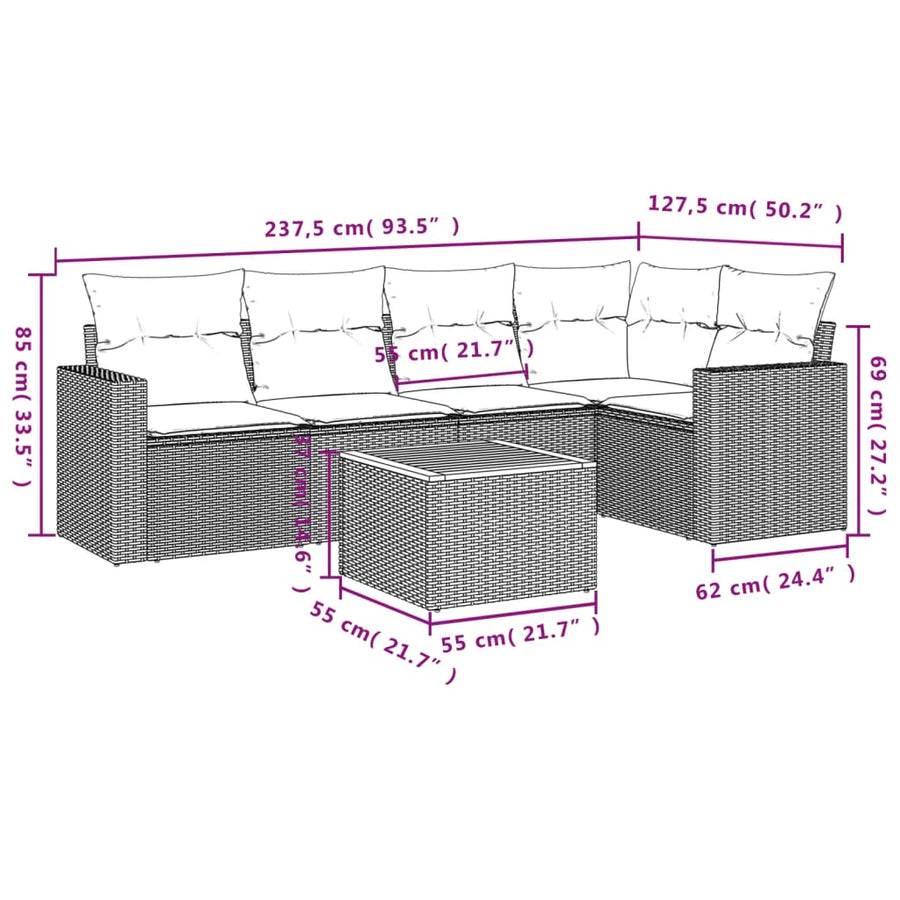 6-delige Loungeset met kussens poly rattan beige