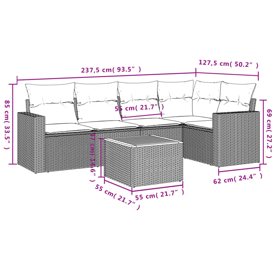 6-Delige Loungeset Met Kussens Poly Rattan Beige