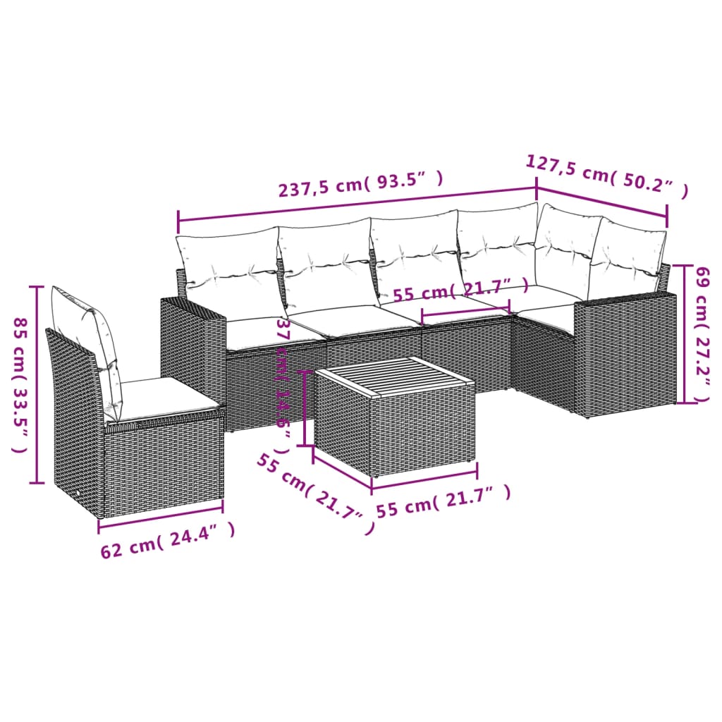 7-Delige Loungeset Met Kussens Poly Rattan Grijs