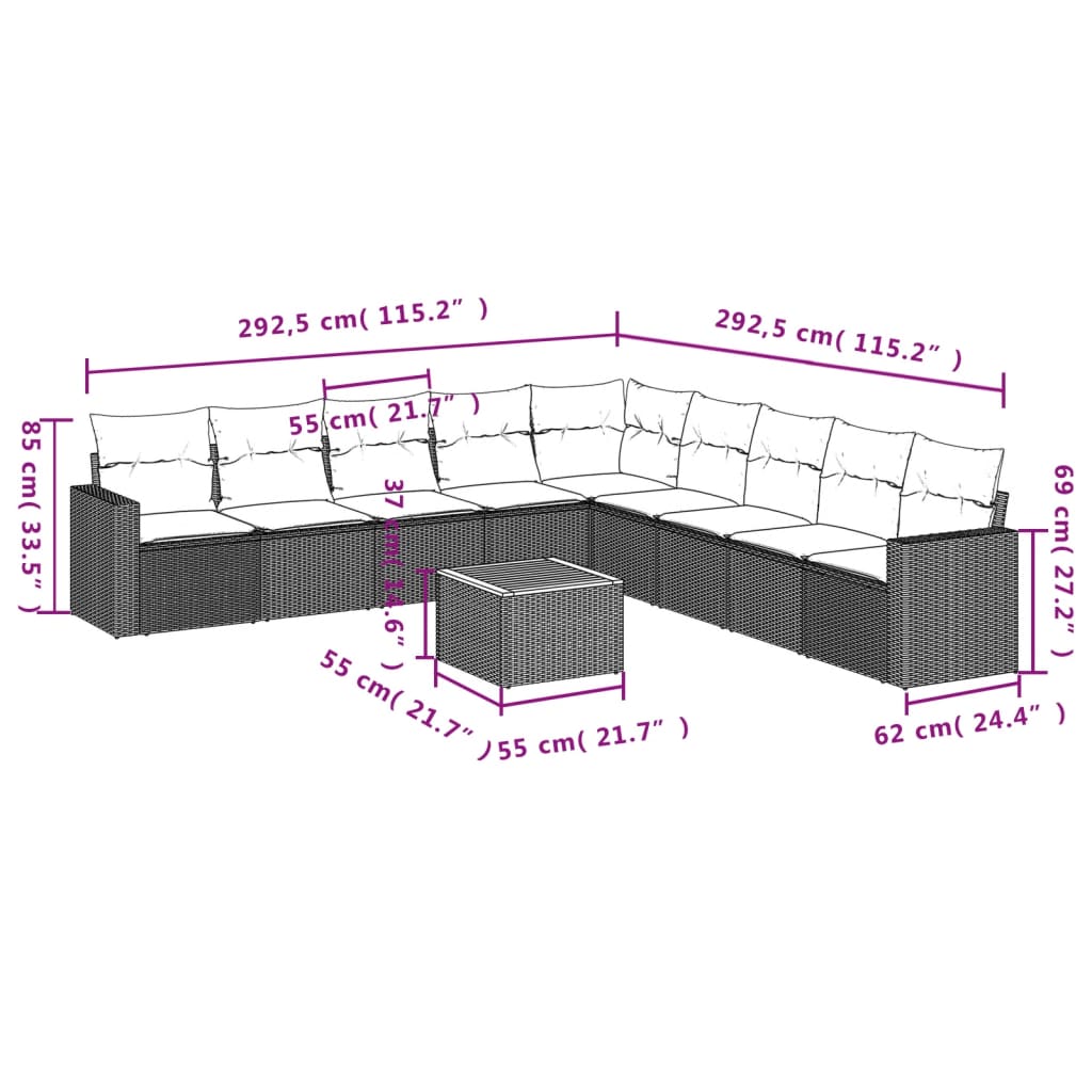 10-Delige Loungeset Met Kussens Poly Rattan Grijs